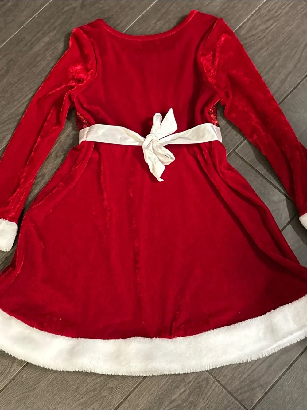 Red Sequin Velvet Holiday Dress with White Bow for Girls size 7